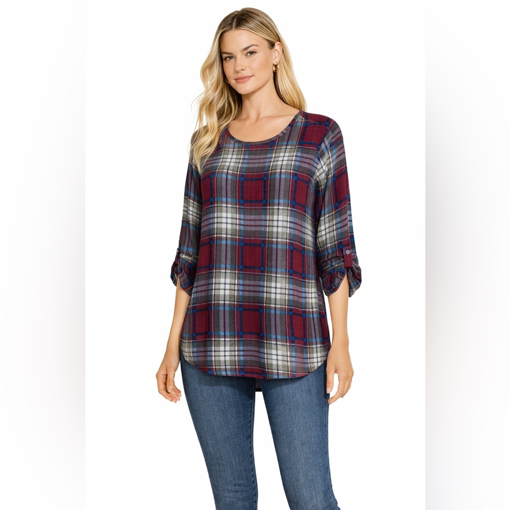LE LIS Plaid Blouse Size M Red Blue Gray Roll Tab Sleeve Made in USA